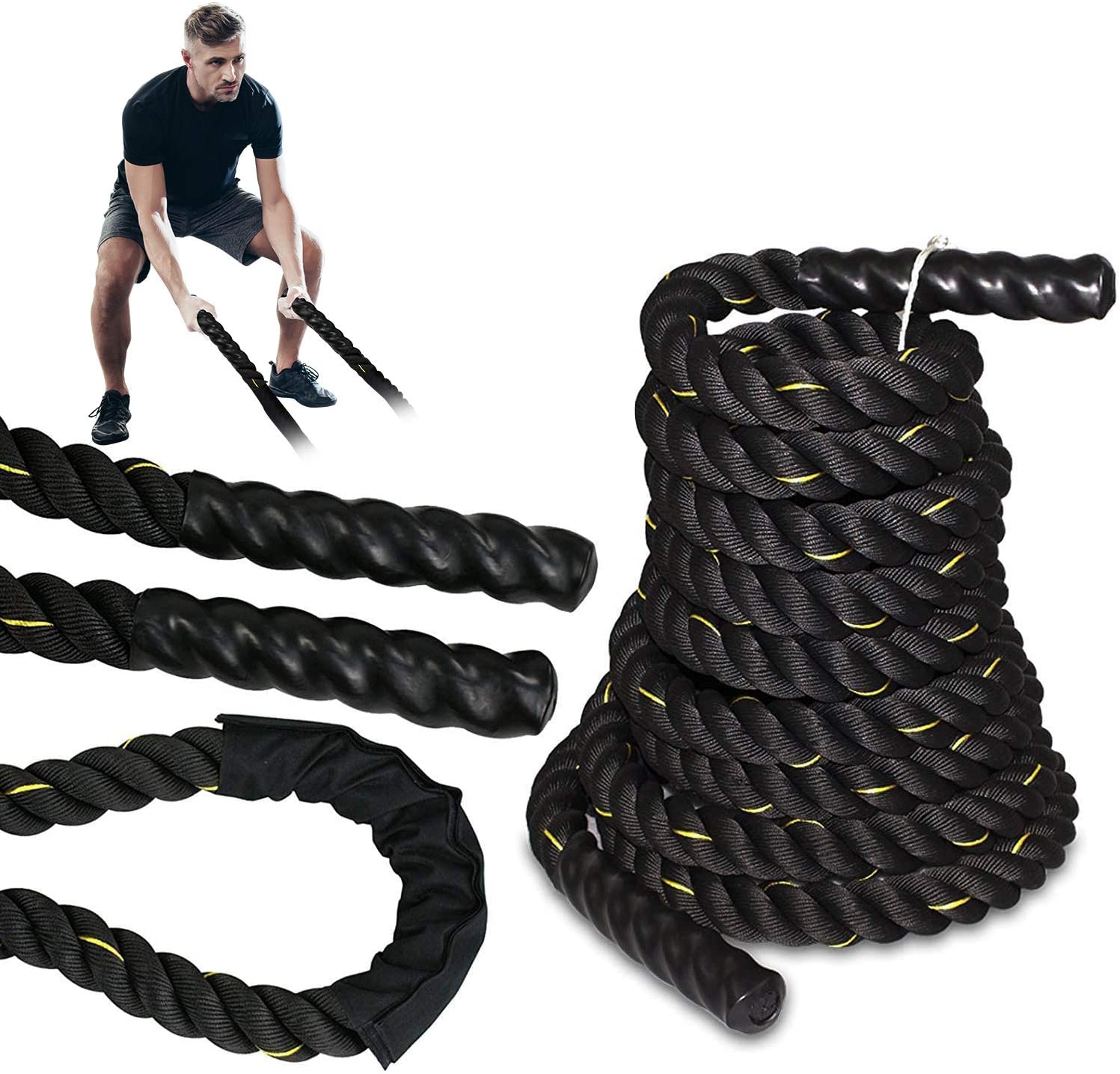 Black Workout Rope 100% Poly Dacron Heavy Battle Rope 1.5 Diameter 30 40 50 Lengths with Protective Sleeve