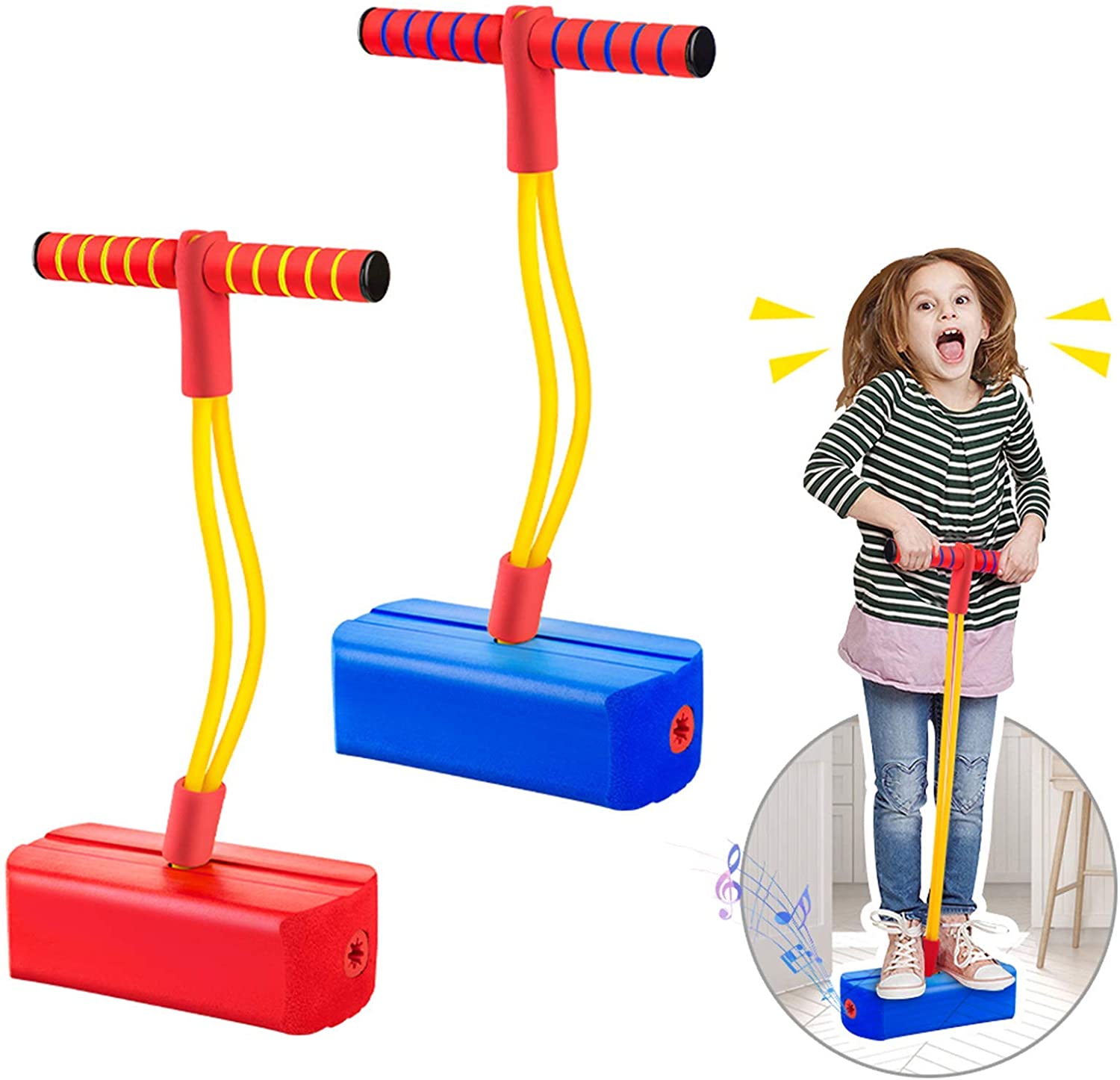 Foam Pogo Stick Bungee Jumper for Kids Outdoor Toys, Foam Bouncing Toy for Kids Age 3 and up, Squeaky Sounds Pogo Sticks Supports up to 250lbs (Blue&Red)