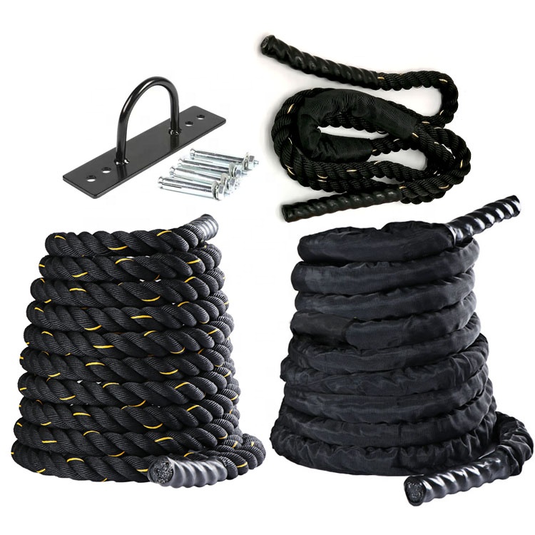 Black Workout Rope 100% Poly Dacron Heavy Battle Rope 1.5 Diameter 30 40 50 Lengths with Protective Sleeve
