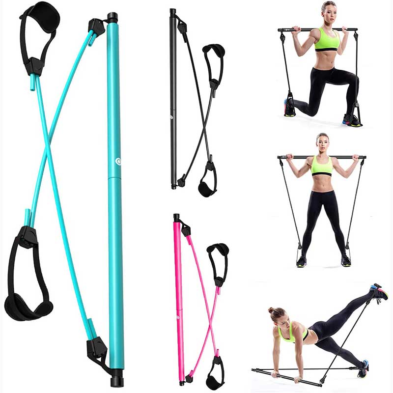 Pilates Bar Kit, Adjustable Yoga Pilates Stick with Resistance Band, Pilates Exercise Bar with Foot Straps for Men Women