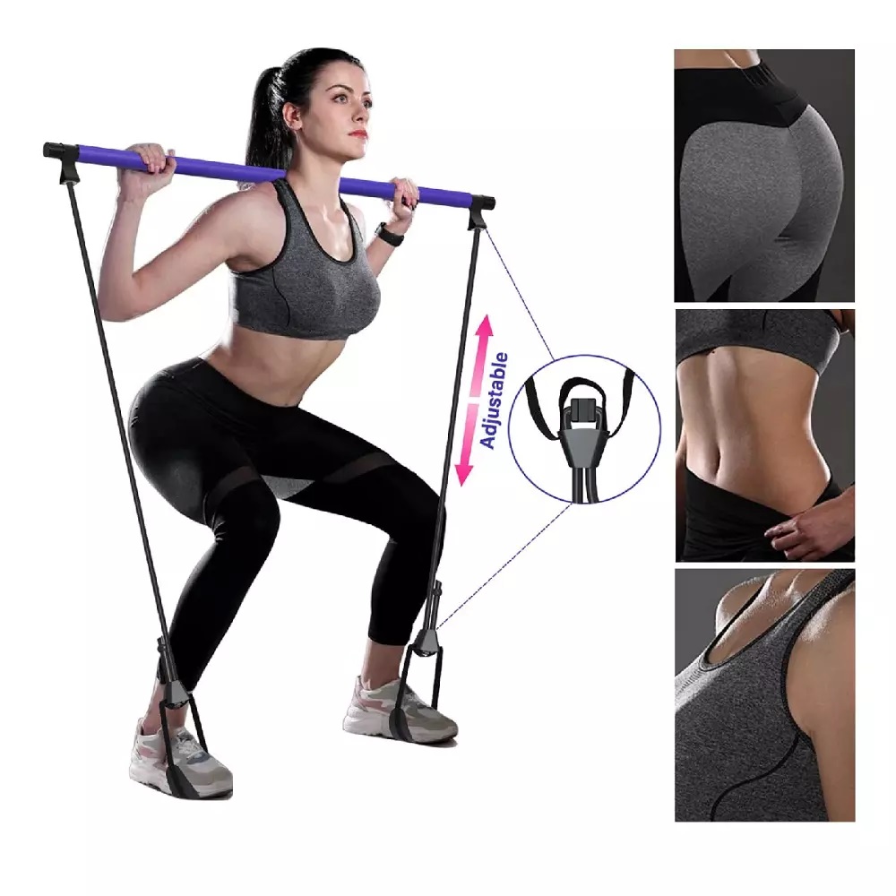 Pilates Bar Kit, Portable Yoga Exercise Resistance Band Exercise, Muscle Toning Bar Home Fitness Resistance Training Gym Stretch with Foot Loop for Total Body Workout