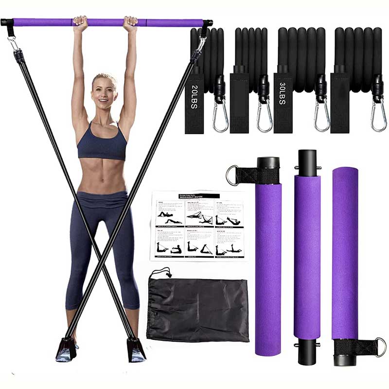 Pilates Bar Kit with Resistance Bands/ Compact 3-Section Exercise Sticks Bar/Home Gym Equipment Workout Bar