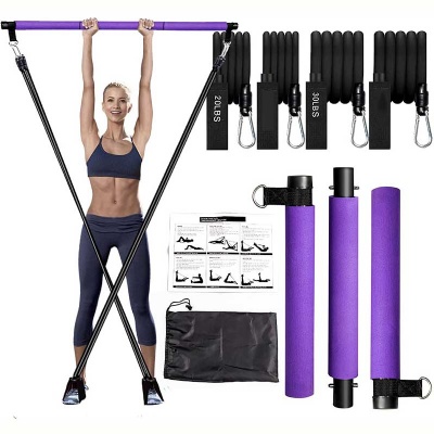 Pilates Bar Kit with Resistance Bands/ Compact 3-Section Exercise Sticks Bar/Home Gym Equipment Workout Bar